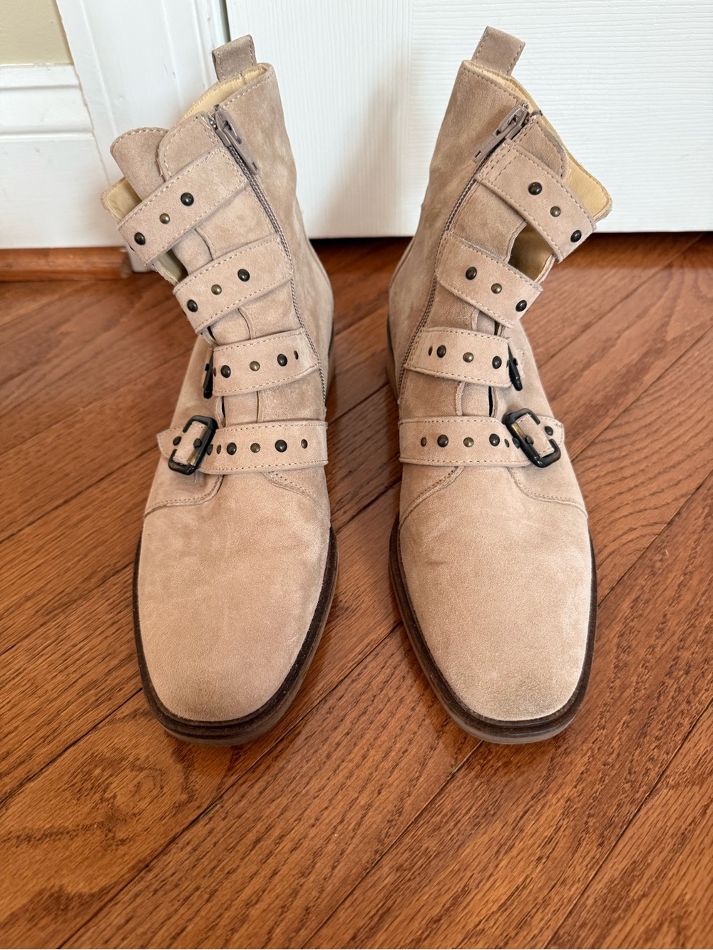 Women’s Paul Green Suede Ankle Boots in Light Taupe - Strapped Buckle Design